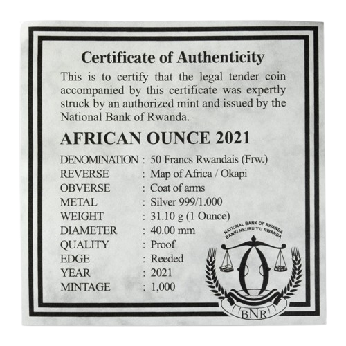 Ekthetssertifikat for 1 oz 2021 Rwanda Okapi Proof