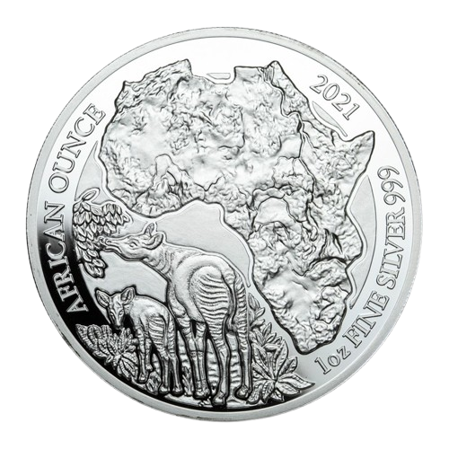 1 oz 2021 Rwanda Okapi Proof sølvmynt, okapi og Afrika-kart