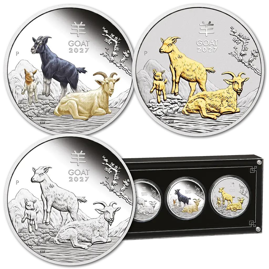 3 oz 2027 Year of the Goat Trio Set Proof, Proof Color & Gilded