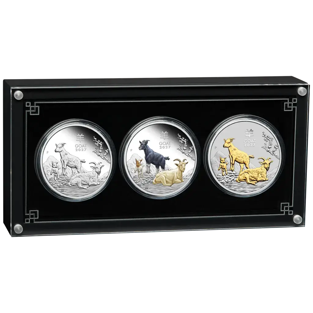 3 oz 2027 Year of the Goat Trio Set Proof, Proof Color & Gilded