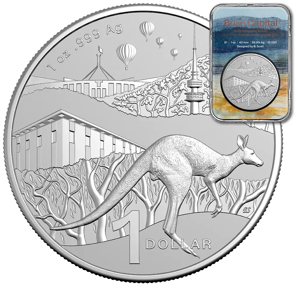 1 oz 2025 Kangaroo Bush Capital – mynt revers med kapsel